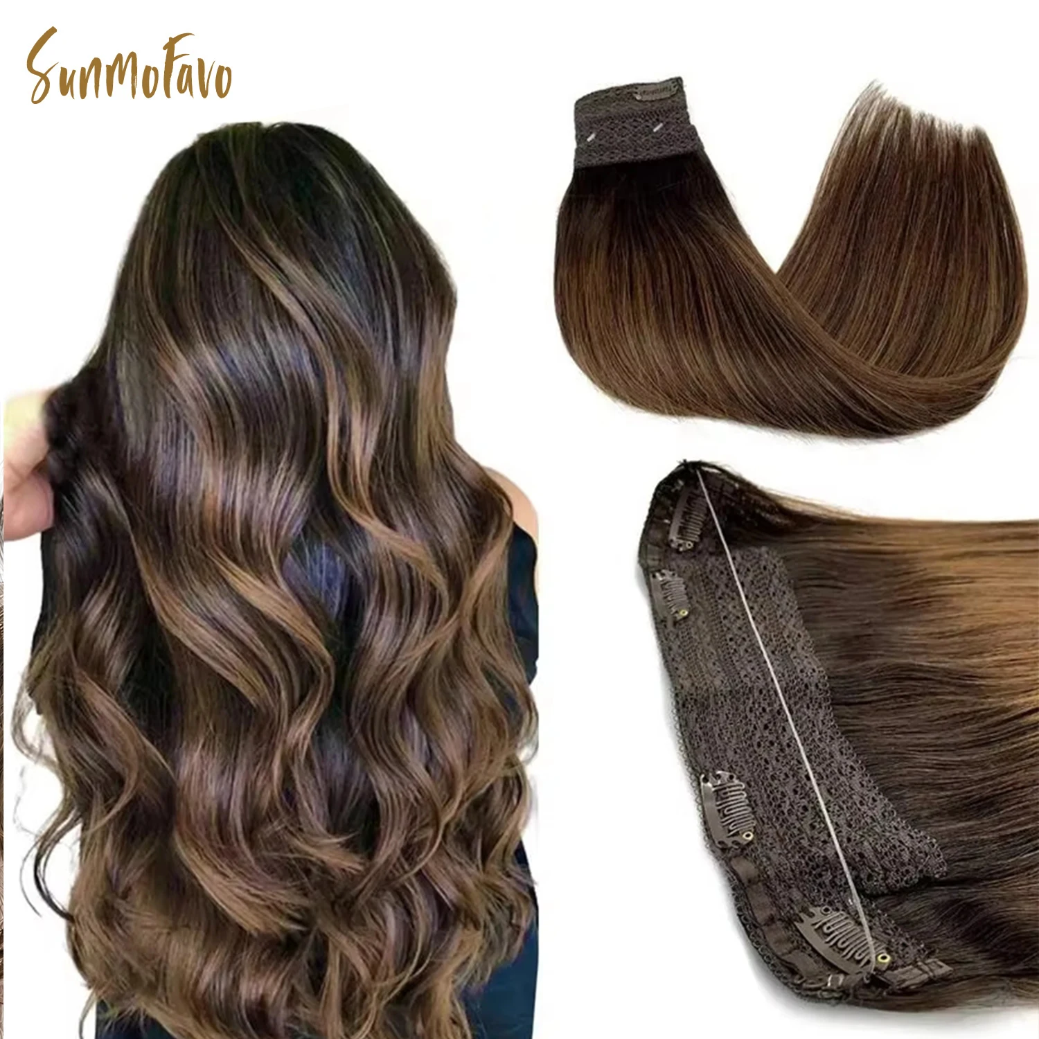 Sunmofavo Wire in Hair Extensions Real Human Hair Balayage Dark Brown to Chestnut Brown Invisible Fish Line Remy Blonde Weft