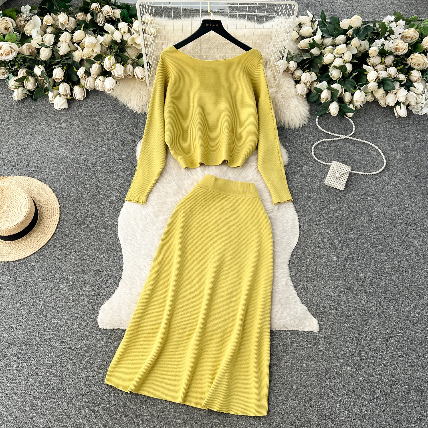 Women Vintage Knit Two Pieces Skirt Sets Women Loose Long Sleeve Blouse with High Waist Hip Wrap Full Skirt