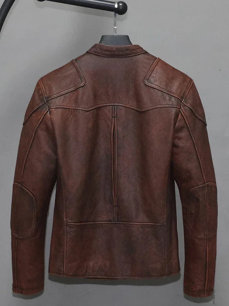 Vintage Men's Spring and Autumn Fall Coat Genuine Cowhide Leather Jacket for Male Motorcyclist Biker Outerwear Brown XXXL 3XL