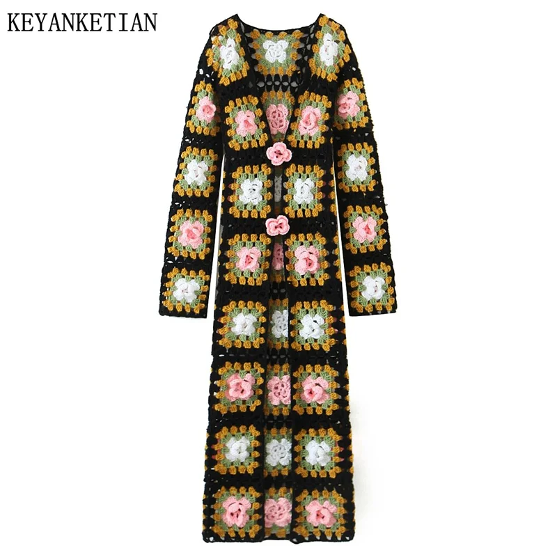 KEYANKETIAN Autumn New Hollowed-Out Hook Plaid Single Breasted Long Knit Cardigan Women Bohemian Style Handmade Sweater