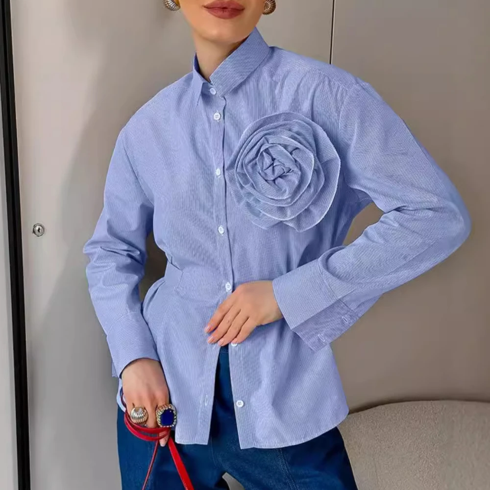 

2024 Autumn/winter Casual Striped Shirt Design Sense, Blue Flower Slim Fit Long Sleeved Shirt, Versatile for Women's Commuting