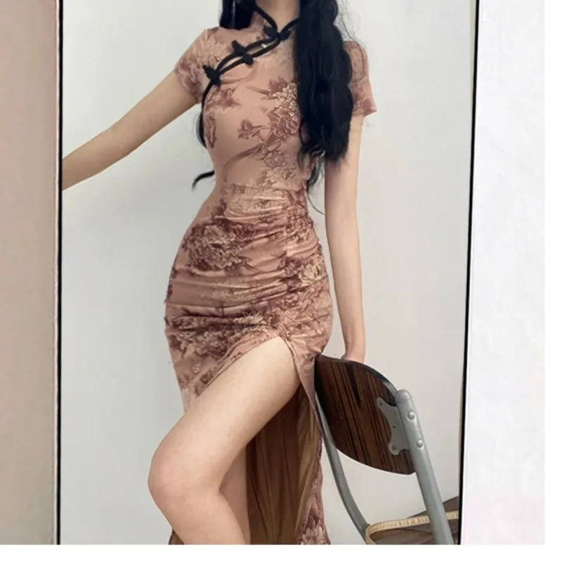 Retro Cheongsam Summer High Slim Elegant Flower Long Maxi Dress Hot Sexy Korean Women Tops 2024 Robe Sweet