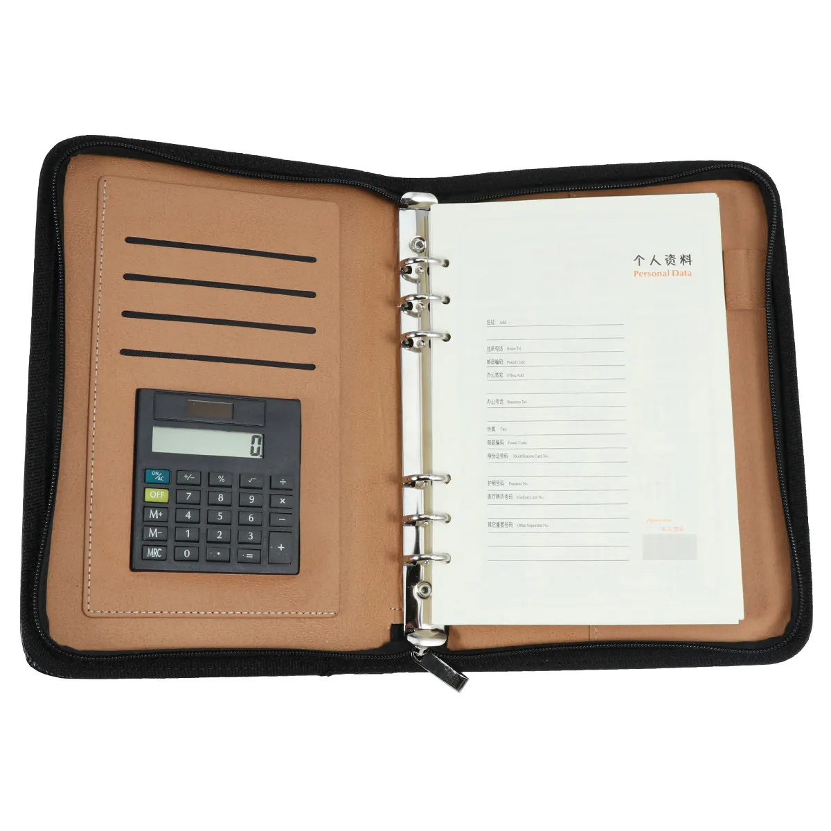 

PU A5 Zipper Notebook with Calculator 4 Card Slots Large Cash Pocket 6 Ring Binder Loose Leaf Notepad for Business
