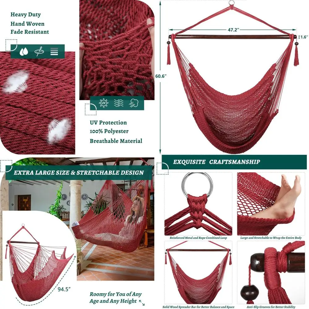 

Large Hammock Chair with Spreader Bar, Caribbean Hammock Swing Chair, XL Hammock Chair Outdoor Indoor, 330 LBS Weight acity, Red