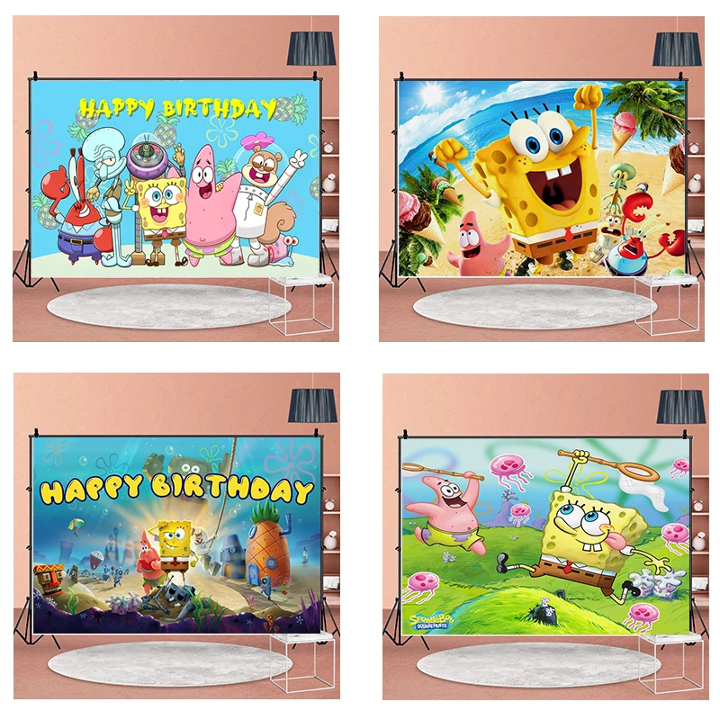 1set Spongebob Squarepants Theme Background Cloth Children Happy Birthday Decoration Supplies Baby Shower Photo Banner