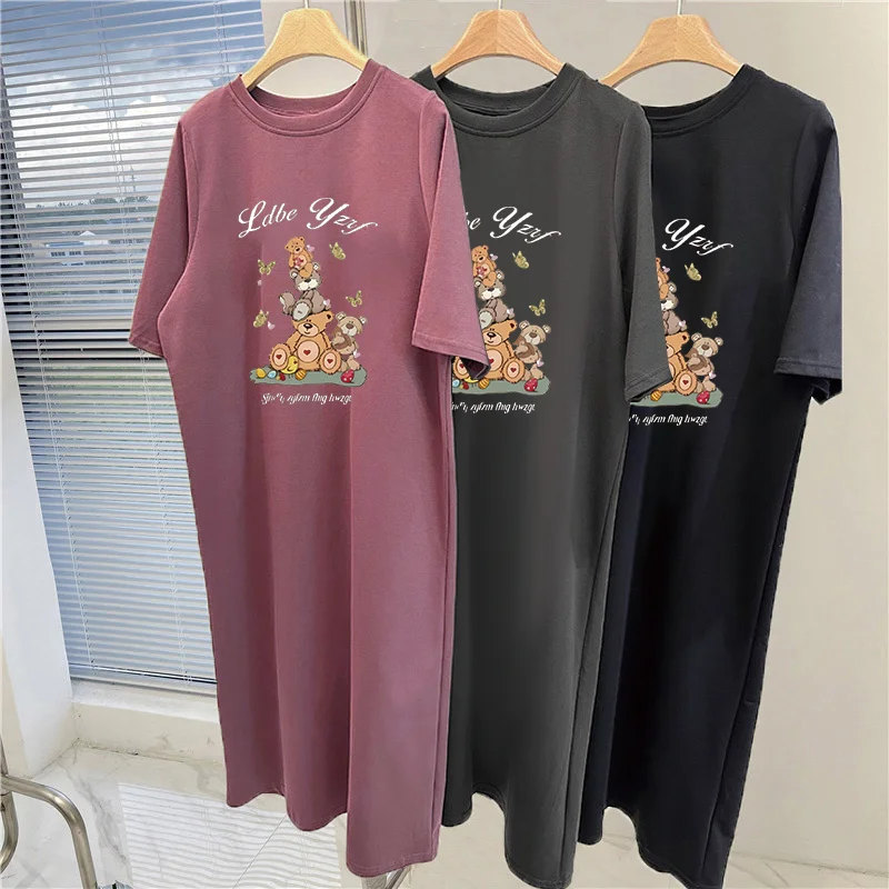 Korean Women Casual Long T Shirt Dress Cute Cartoon Bear Print Loose Short Sleeve Round Neck Summer Maxi Tee Dress - view 6