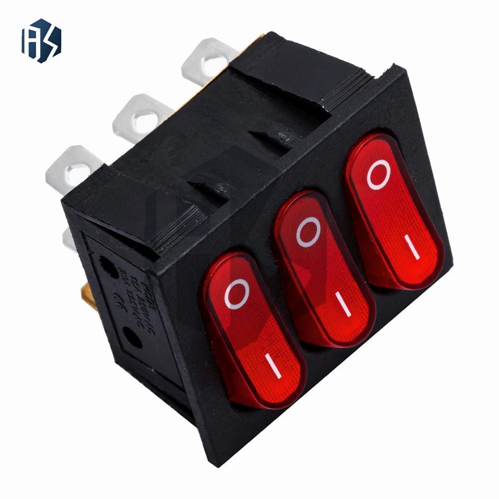 1 peça liga-desliga kcd3 9 pinos vermelho 16a/250v ac luz barco carro interruptor rocker kcd3 botão interruptor de luz triplo KCD3-303