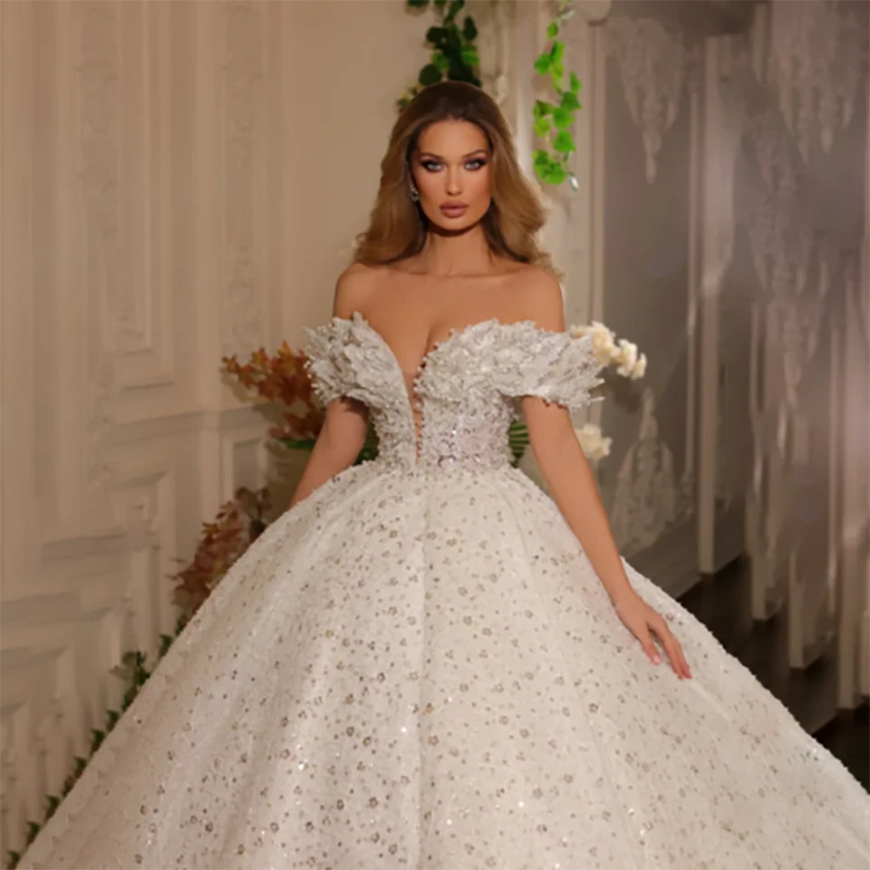 Customized Gorgeous Sequin Ruffles Off Shoulder Sweetheart Ball Gown Wedding Dresses 2024 Backless Court Train Tulle Bridal Gown