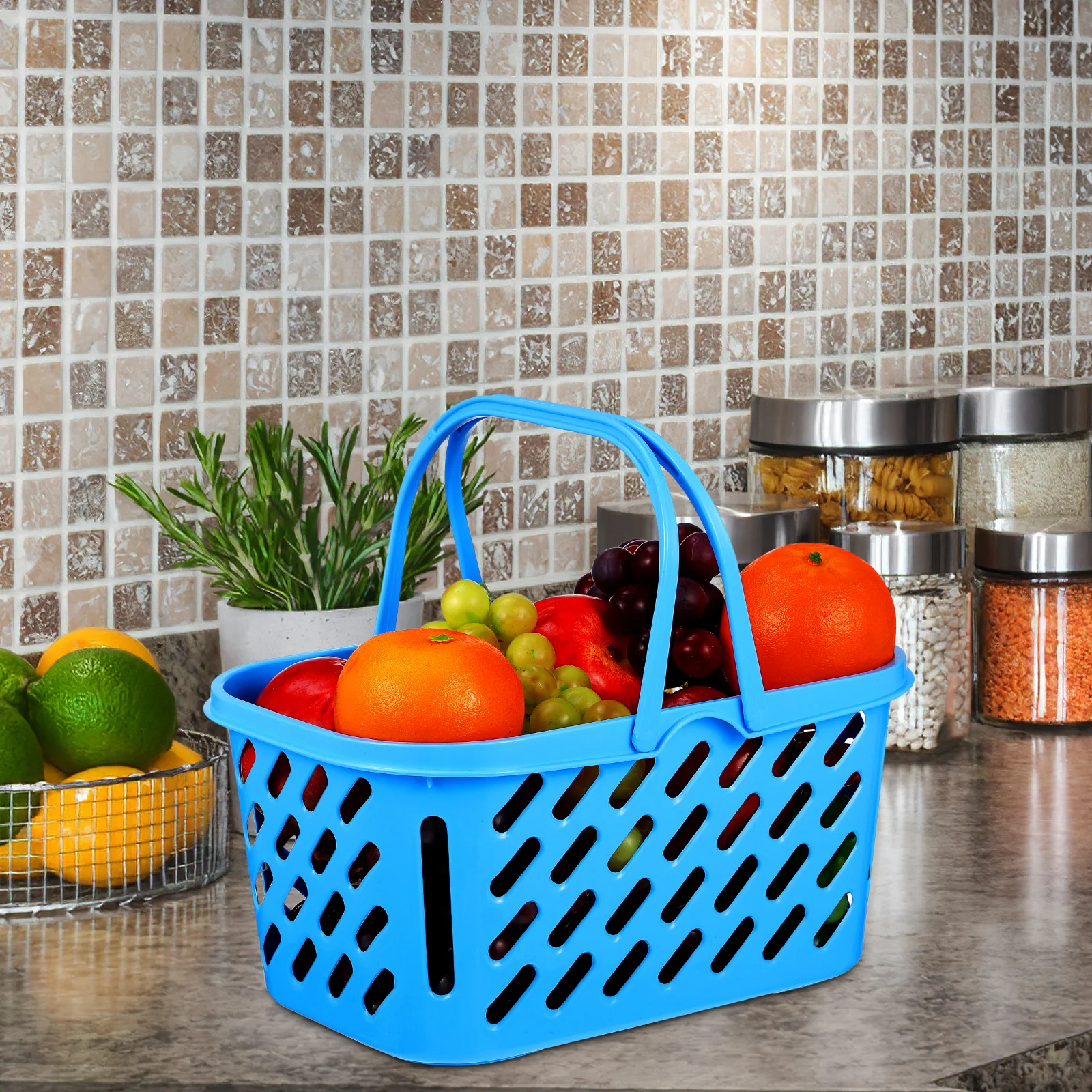 

2 pcs Lake Blue Plastic Baskets Storage Containers With Handle Portable For Home Kitchen Bathroom Room Grocery Shopping