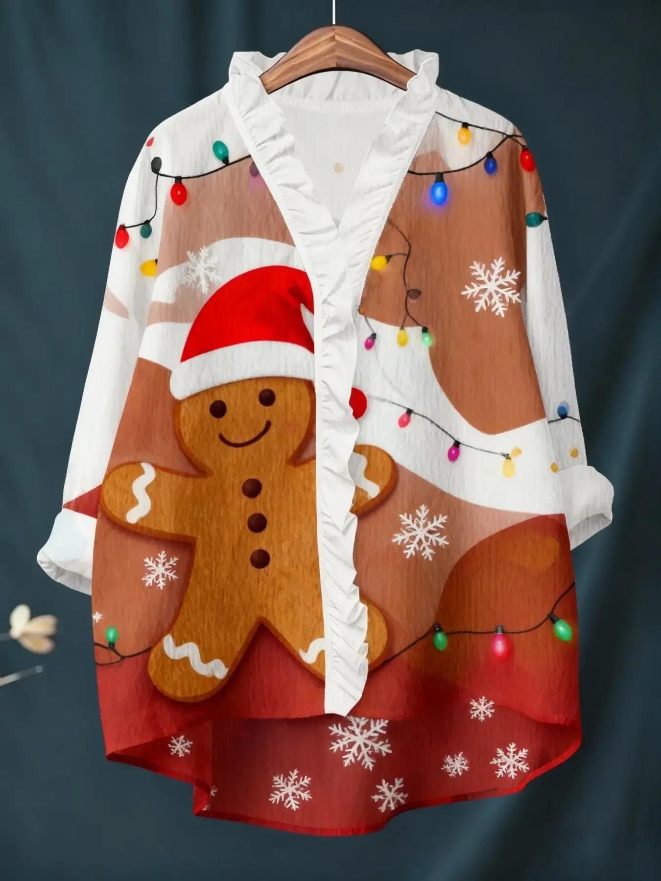 New women's Christmas digital printed long sleeved shirt with ruffled collar, loose fit, versatile and practical to wear