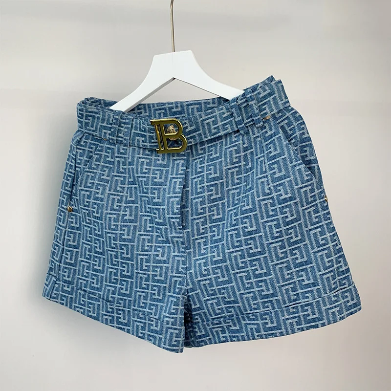 

Denim jacquard fabric high waist lace-up short style slim pocket denim shorts