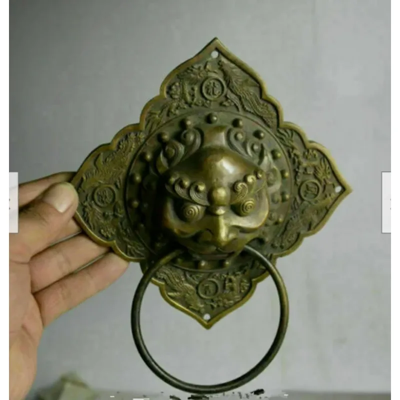 16CM Folk Old Chinese Bronze Feng Shui Foo Dog lion Head Ring Door knocker