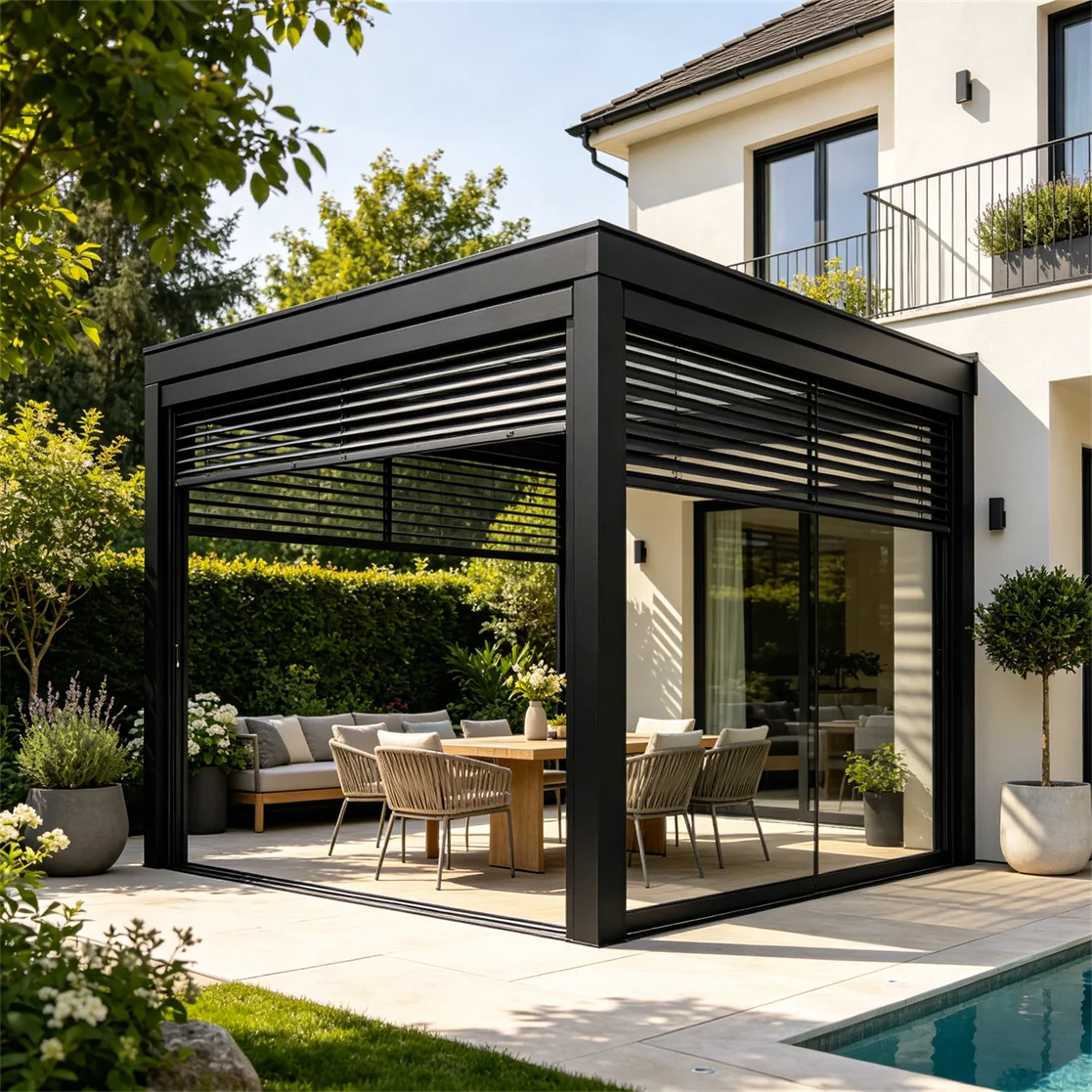 Weatherproof Modern Black Aluminum Outdoor Pergola Enclosed Design Adjustable Louver Roof With Secure Sliding Glass Panels