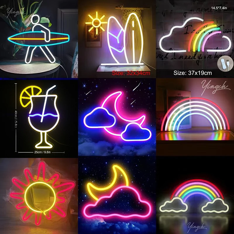 Rainbow Star Moon Neon Sign Light LED Wall Decoration Lamp Nightlight for Bar Shop Room Tent Party Festival Gift USB plug