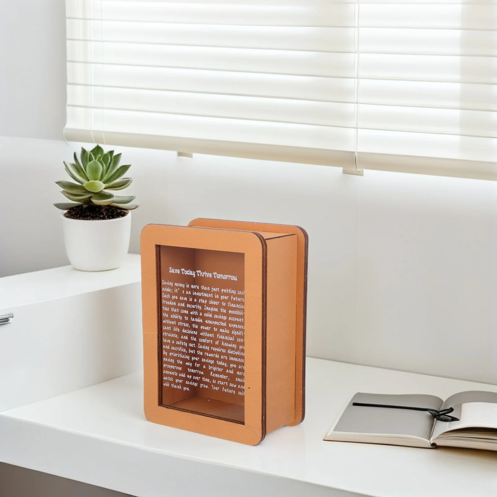 Clear Money Box Wooden Frame Motivational Savings Jar Functional Coin Bank for Home Office Desktop Decorative Saving Solution