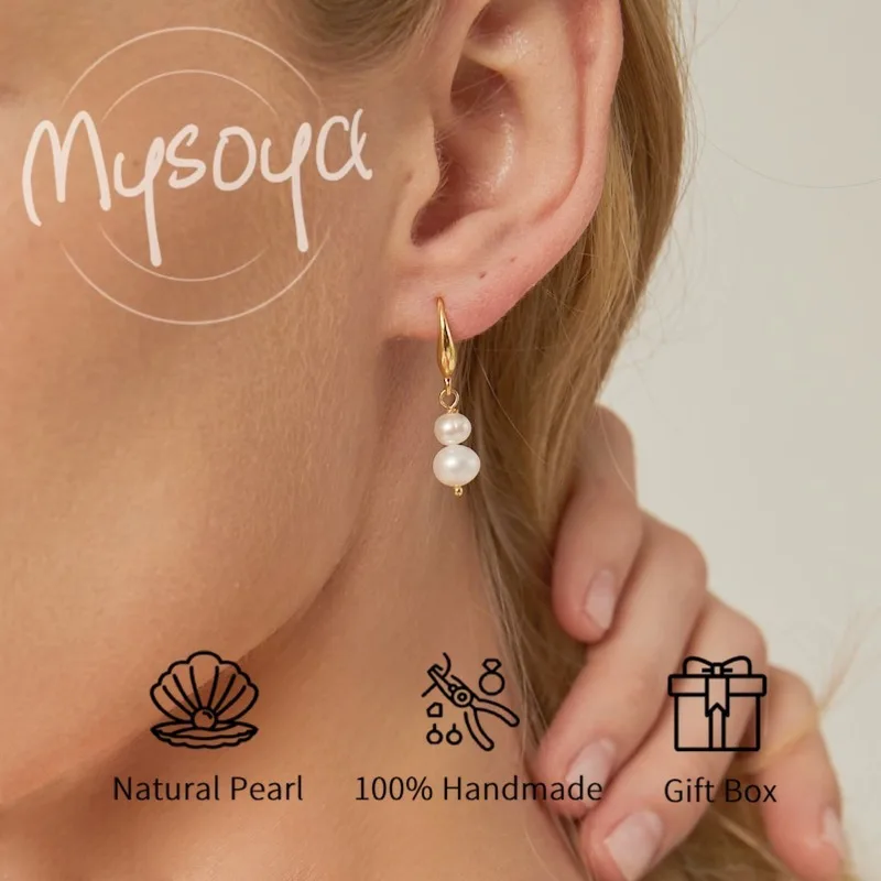 

MYSOYA Natural Freshwater Pearl Drop Earrings Simple U-Shape Hook With Gift Box Bridal Earrings Birthday Wedding Jewelry Gift