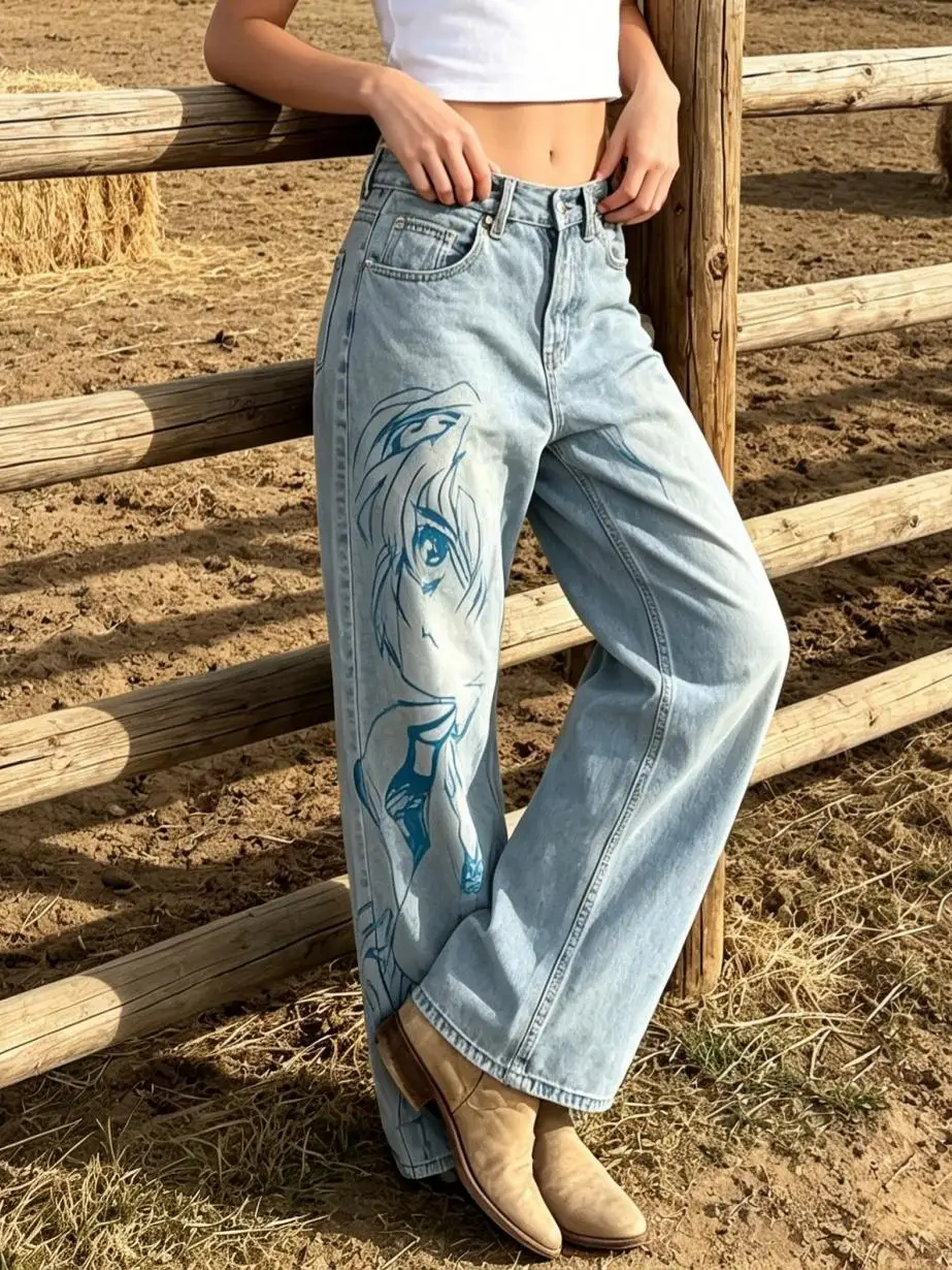 【HME】Jeans | Anime Cool Street Style Women Denim Pants, High Waist Wide Straight Denim Jeans, Full Anime Girl Print Standout Design, Light Blue Vintage Washed Fabric, Sturdy Draped Fit, For Comic Con Shopping Daily Multi-Scene Wear