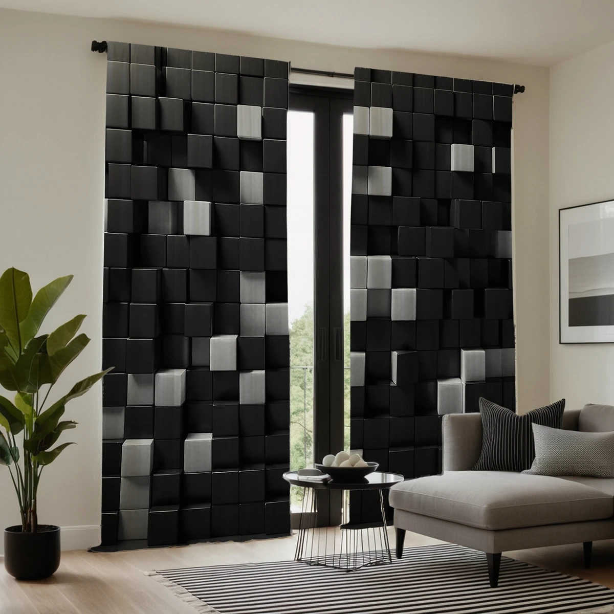 2 pieces of HD digital black and white stereo wood block curtain home decoration style decoration living room bedroom rod curtai