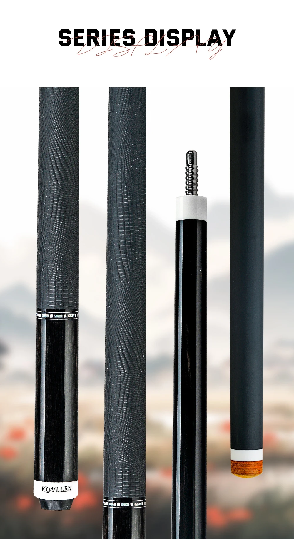Billardqueue mit Carbonfaser-Schaft, geringer Abweichung, Griff mit Echsenmuster, 58 Zoll, 12,5 mm Spitze, 3/8x8 Verbindung, 8/9 Ball, KONLLEN – Detail 20