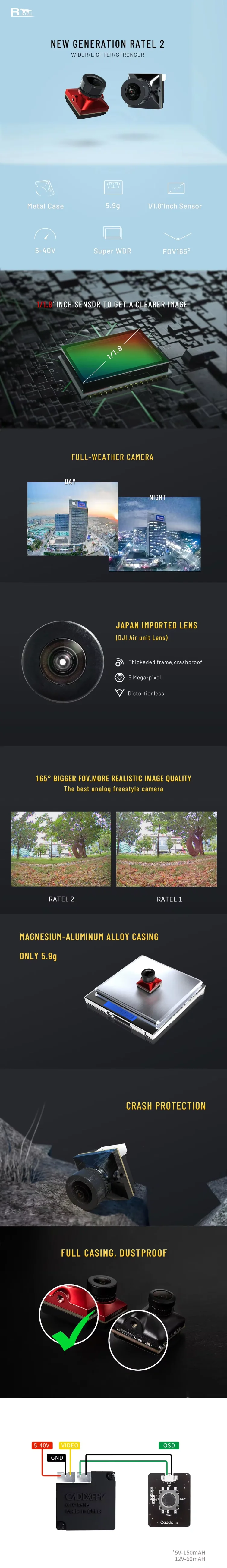 كاميرا Caddx Ratel PRO 1200TVL NTSC PAL الأصلية 16:9 4:3 كاميرا فائقة قابلة للتحويل لملحقات السيارة عالية الجودة #6