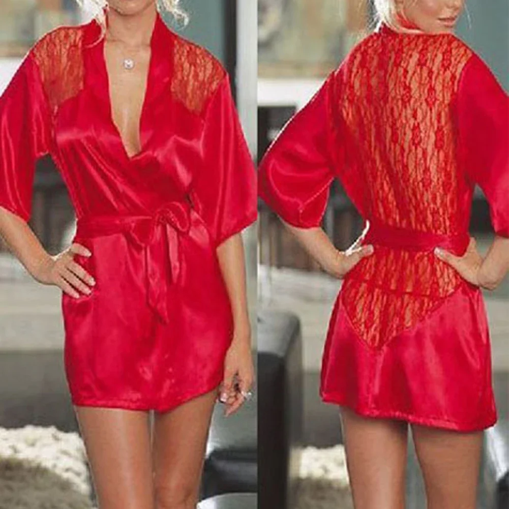 Sexy Women Erotic Lingerie Smooth Silk Satin Robe Hollow Wedding Dressing Gown Bathrobes Lace See-through Sleepwear Nightgown