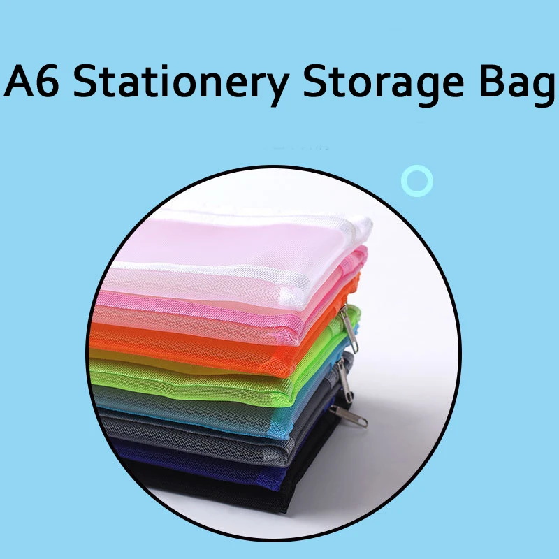 A6 Pencil Case Zipper Mesh File Bag Multifunctional Stationery Organizer Storage Bag for Office Supplies Cosmetics Makeup Bag