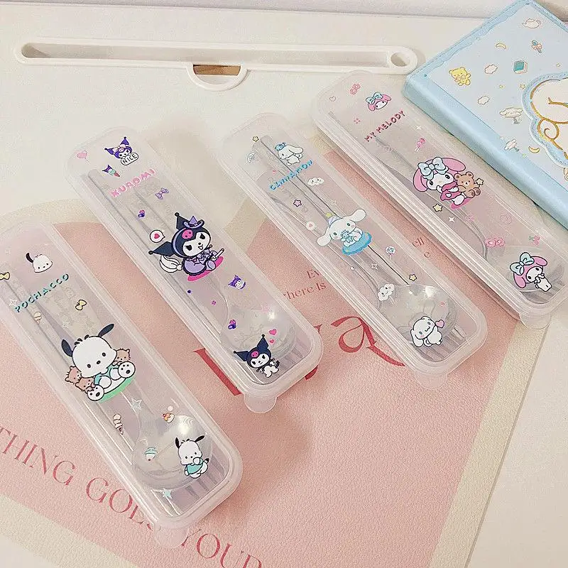 Sanrio Cutlery Cinnamoroll My Melody Kuromi Fork Spoon Chopsticks Pochacco Portable Camping Lunch Box Three Piece Tableware Set