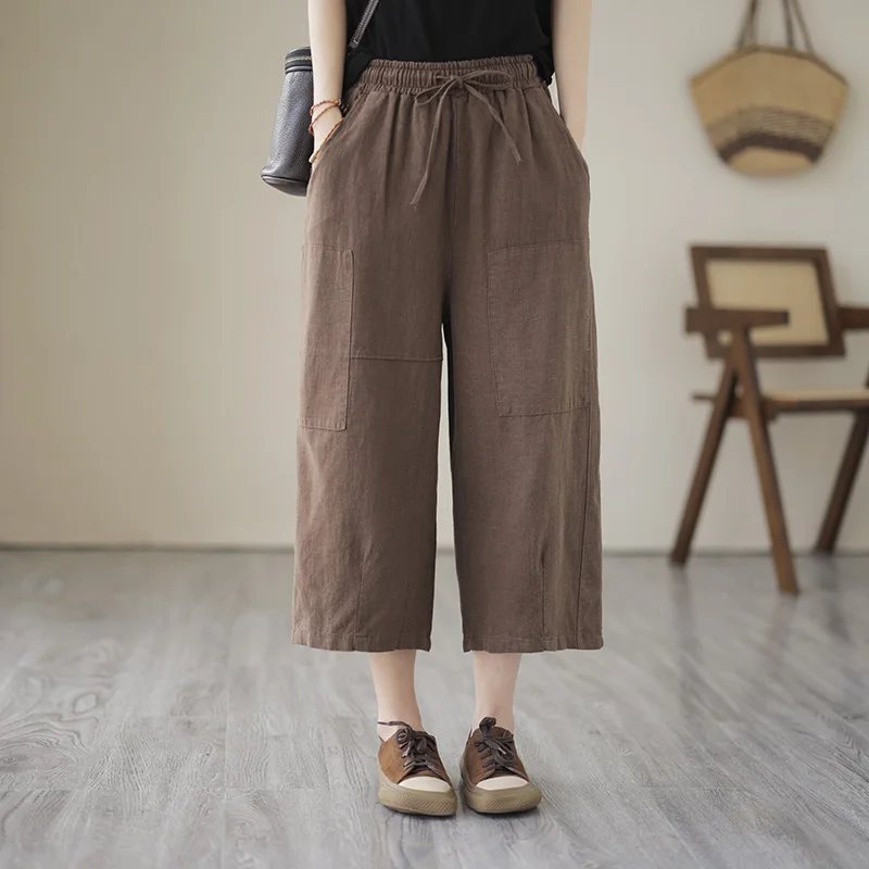 Pantalon à jambes larges en coton et lin pour femmes, taille élastique fine, amincissant, décontracté, ample, Tube droit, pour les déplacements, été