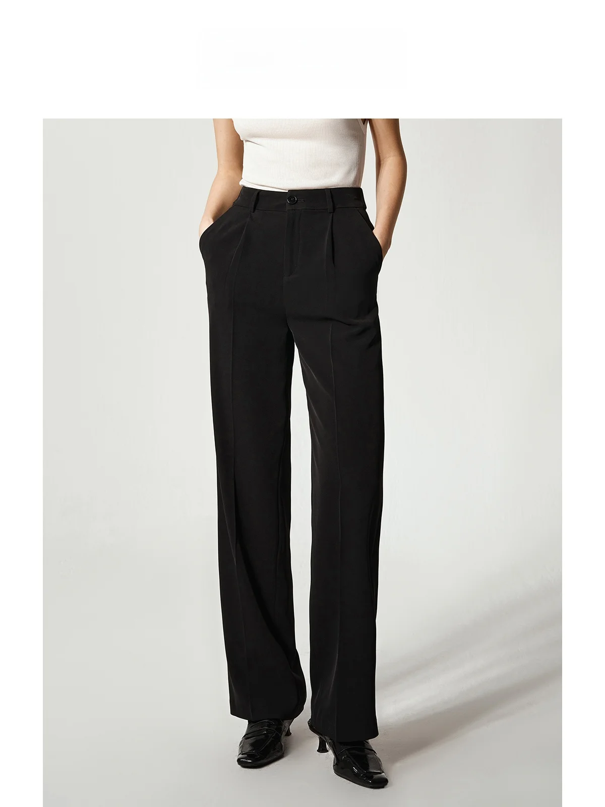 

LeLenth High Waist Wide Leg Pants Women's Straight Cut Single Pleat Professional Interview Suit Long Trousers Black Casual Pants