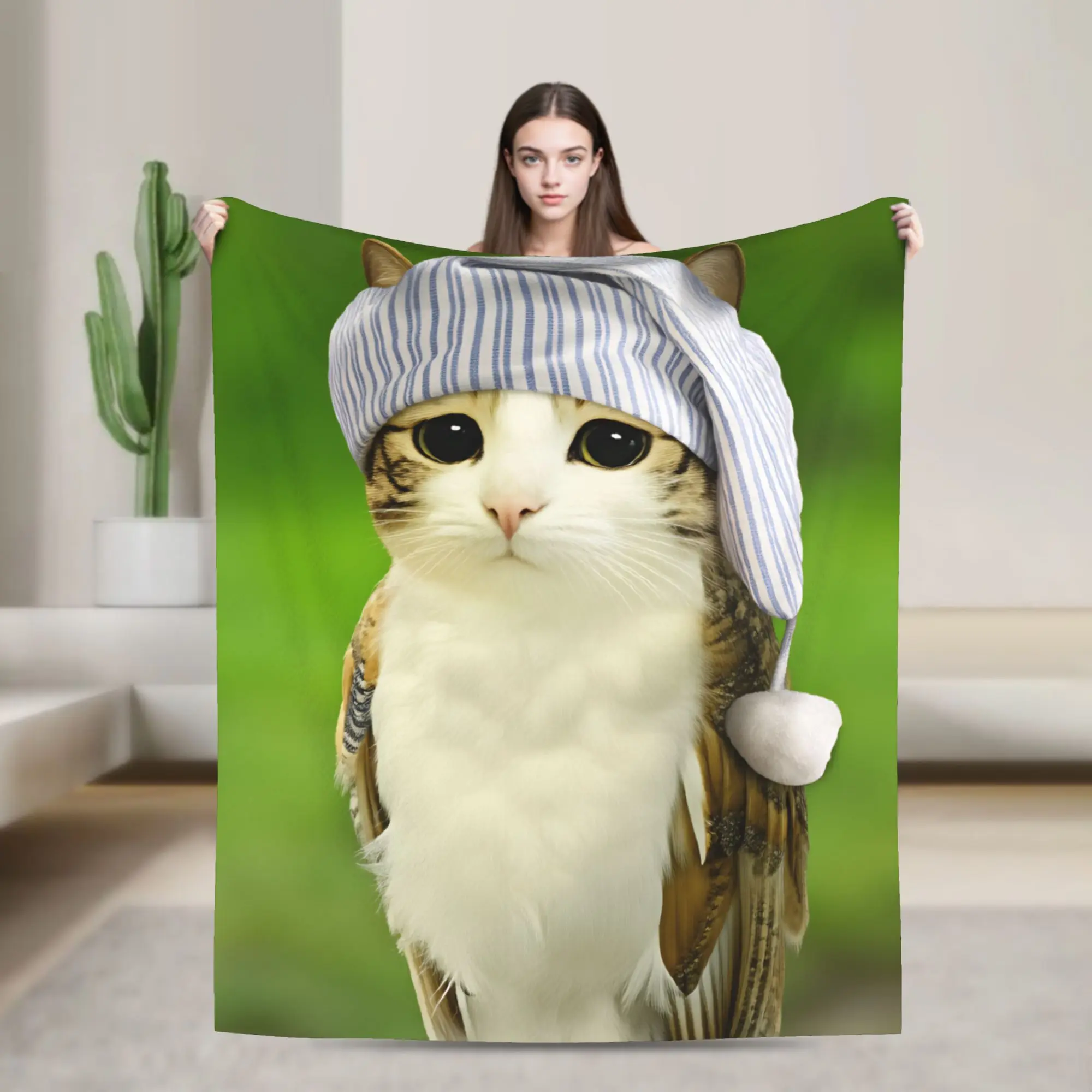 Sleepy Nightcap Meowl Cat Blanket Winter  Warm Throw Blanket For Girls Home Decor Flannel Bedspread Bed Cover