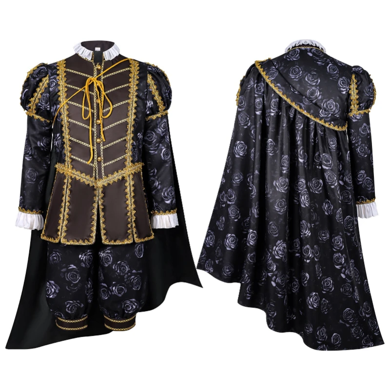 

Medieval Digital Print Gold Trim Edge Palace Suits (Shirts+Shorts+Cape),Elizabeth Royal Noble Roleplay Performance Costume 3-Pcs