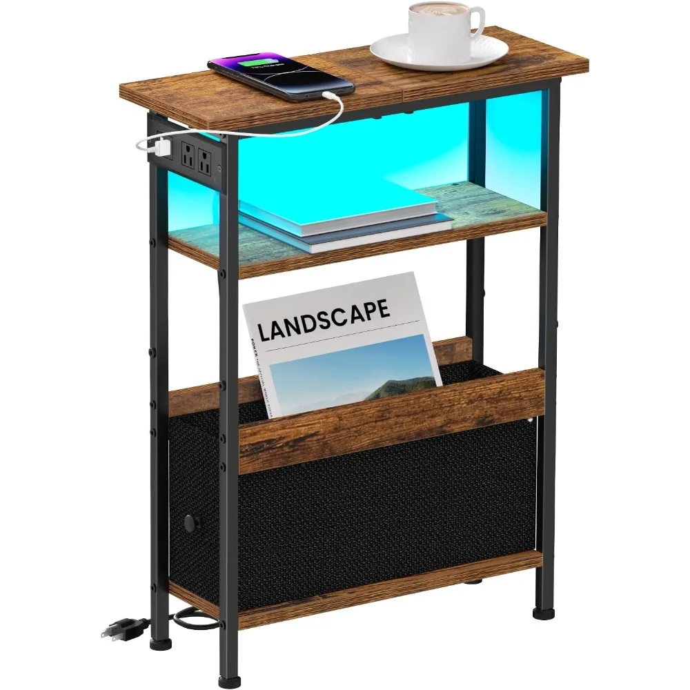 

Narrow Side Table with Charging Station and LED Light, with USB Ports and Outlets, for Bedroom, Living Room