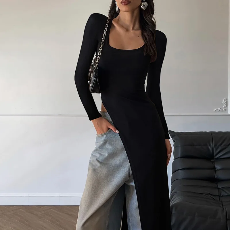 DSMTRC Women Casual Y2K New Outfits Party Vacation Black Autumn Fashion Solid Long Sleeve Slit Irregular Sexy Bodycon Maxi Dress