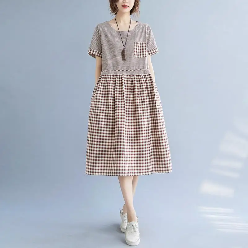 2023 Vintage Mori Girl Style Plaid Patchwork Midi Dress Summer Short Sleeve Casual A-Line O-Neck Fashion Pockets Folds Dresses