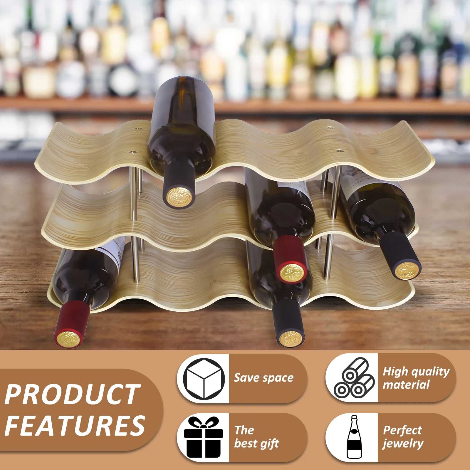 2/3-Tier Wooden Wine Rack Wavy Wine Bottle Organizer Holders for Cabinet Pantry Home Kitchen Bar Countertop Storage Display Rack