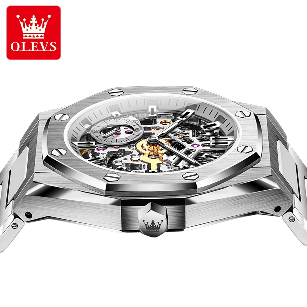 OLEVS ยี่ห้อแถบเหล็กกันน้ําส่องสว่างนาฬิกากลไกอัตโนมัติเต็มรูปแบบ 6669