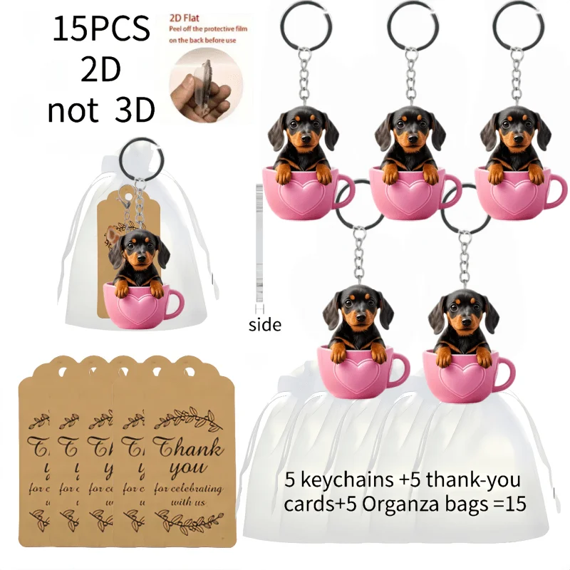 5sets Cute Teacup Dog Keychains Including 2D Acrylic Pendant & Thank You Cards & Yarn Bags Promotional Gift for Dog Lovers Women
