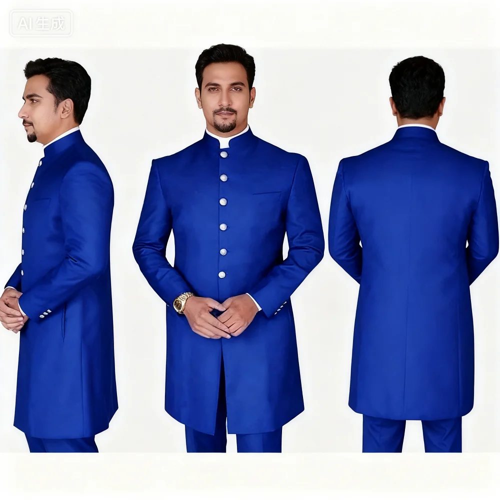 

2pcs Blue Formal Wedding Groomsmen Suit Unique Collar Single Breasted Long Blazer And Pants Slim Fit Men's Wear for Ceremony