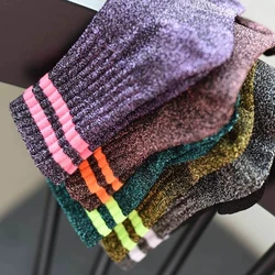 Stripe Glitter Socks For Women Fashion Harajuku Filigree Stockings Female Lingerie Shiny Bright Silk Loose Socks Girl Streetwear