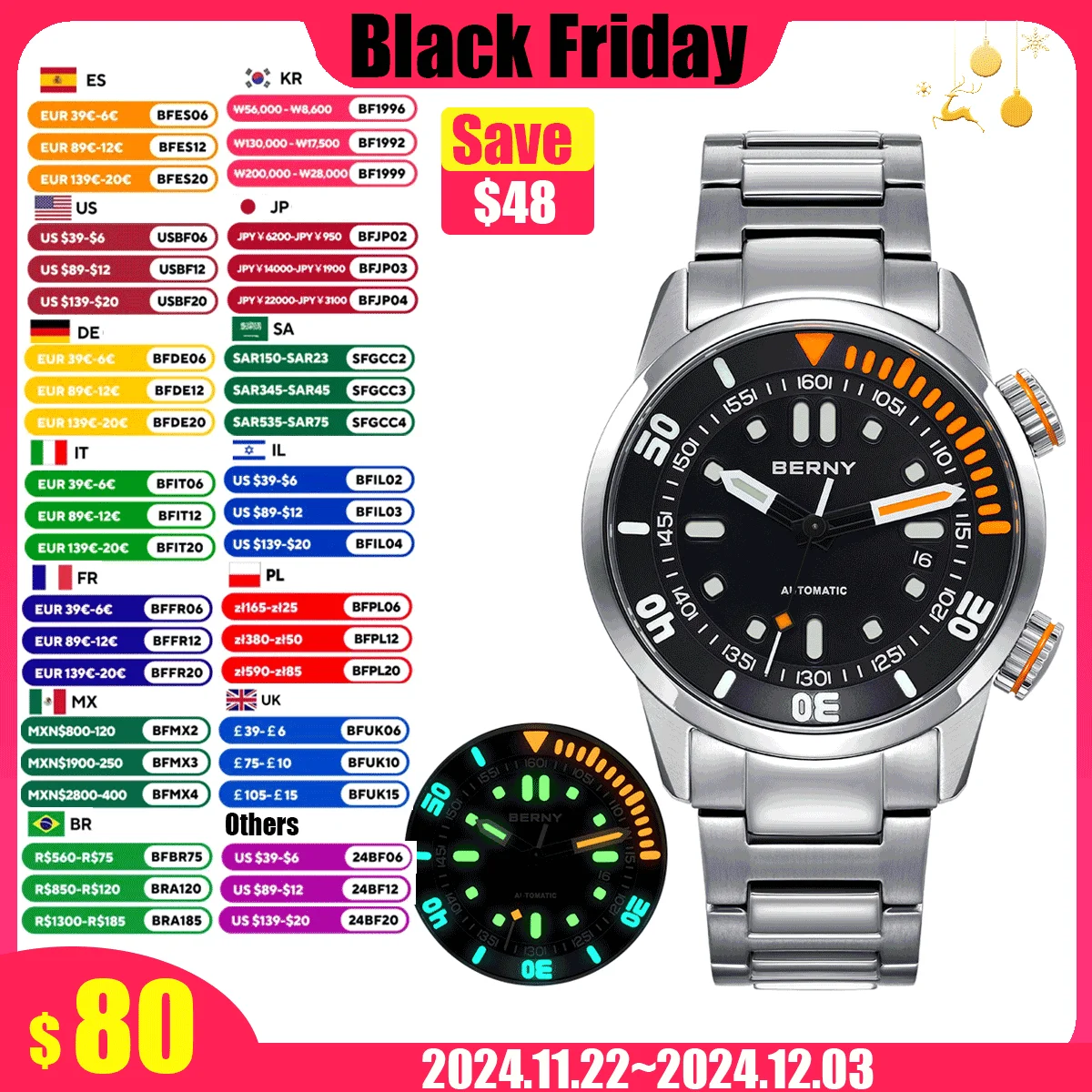 BERNY Automatic Dive Watch for Men Super Luminous Original Design 20ATM Man Wristwatch Sapphire Swim Sport Mechanical Male Watch