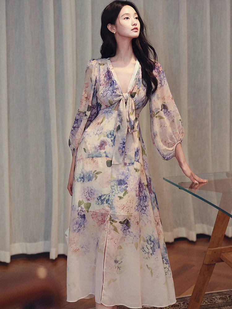 

Женское шифоновое платье с длинным рукавом и v-образным вырезом с цветочным принтом и бантом, осень-зима, элегантное роскошное вечернее платье 2025 года, корейское облегающее платье для выпускного вечера