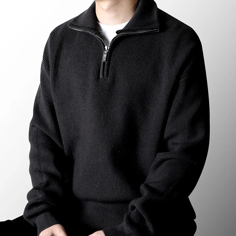 Half zip stand collar sweater men autumn winter lazy knit pullover men's lapel thick loose top trend