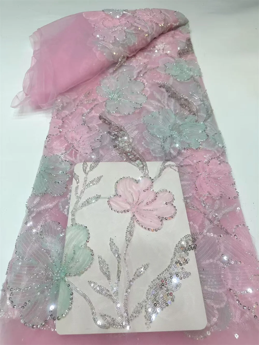 

Luxury Pink African Sequins Beaded Lace Fabric 2026 High Quality Lace 5 Yards French Lace Fabric Nigerian Net Lace Fabrics Party