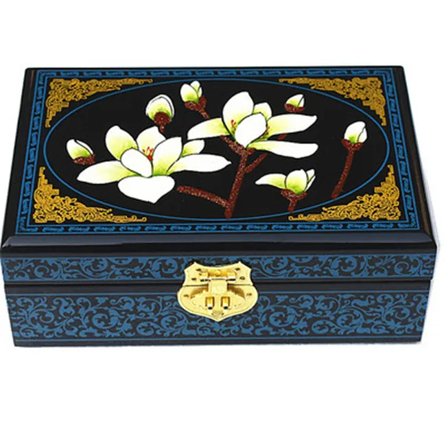 

New Chinese Handwork 21x14mm Wood Jewelry Box 2 Layer Flower Painting with Mirror Retro Boxes Container Holder Storage Gift Case