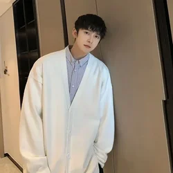 Knit Sweater Male Coat Cardigan Men's Clothing White V Neck Plain Solid Color Jacket Korean Style Casual New in Maletry Classic