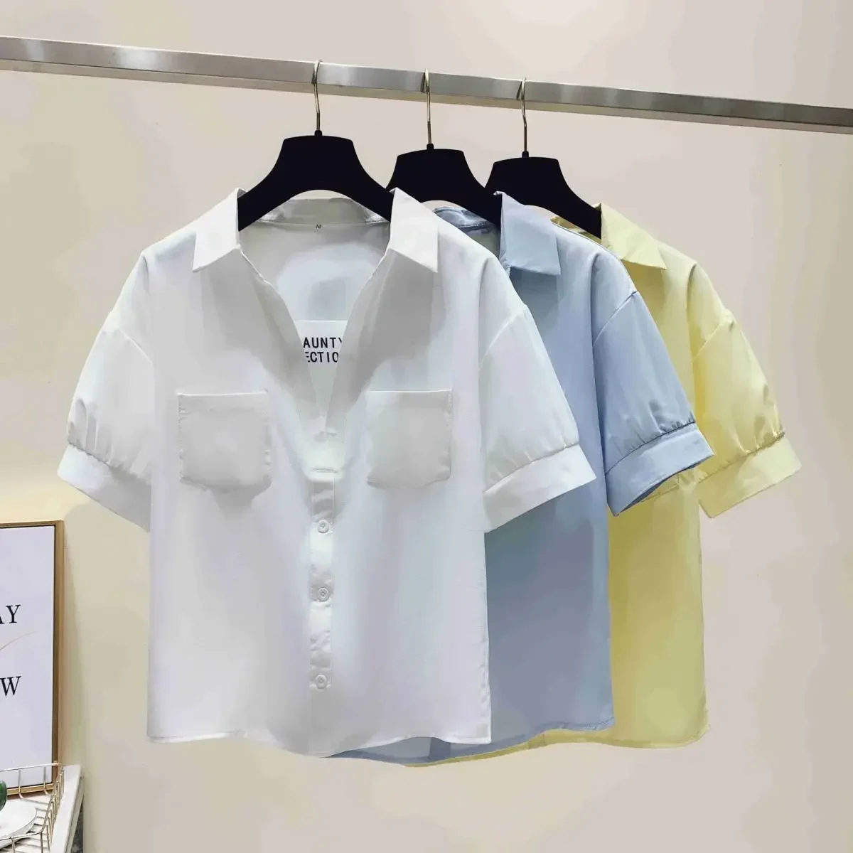 

Solid Color Short Sleeves V_neck Two-piece Shirt Summer New Casual Loose Commuting Versatile Tops Fashion Clothes For Women