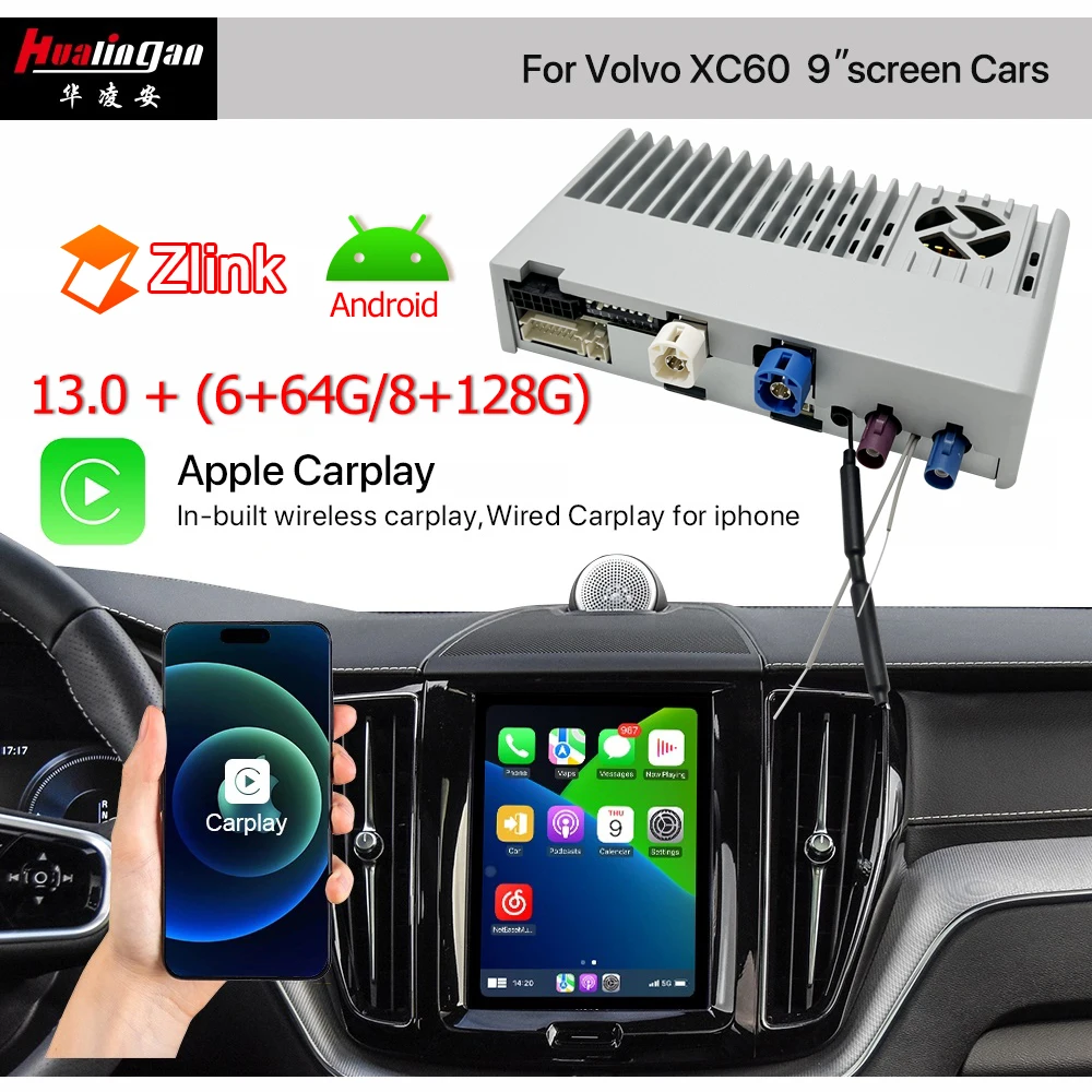 For Volvo XC60 Apple CarPlay wireless full screen Android Auto Android interface adapter android13 64G 128G YouTube TV Netflix 