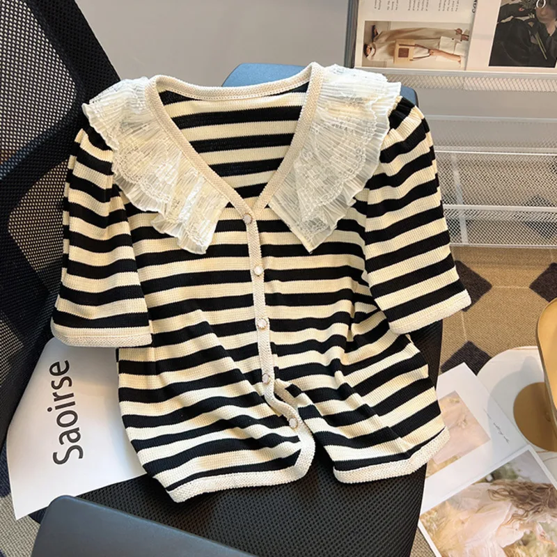 Plus Size Doll Collar Striped Knitted T-Shirt Women Summer High Quality Lace Stitching Elastic Loose Short-Sleeved Cardigan Top