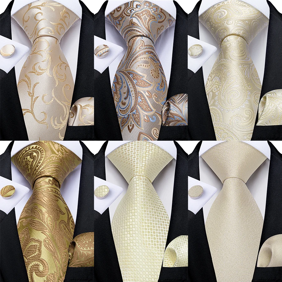 Fashion Men Tie Light Champagne Paisley Wedding Tie For Men Hanky Cufflinks Gift Tie Set Suit Business Party