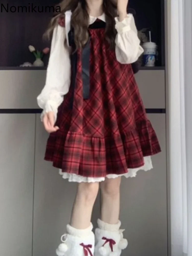 بدلة فستان حلوة يابانية مكونة من قطعتين 2024 ملابس نسائية بياقة بيتر بان وأكمام طويلة وقميص بفيونكة فضفاضة منقوشة ملابس #5